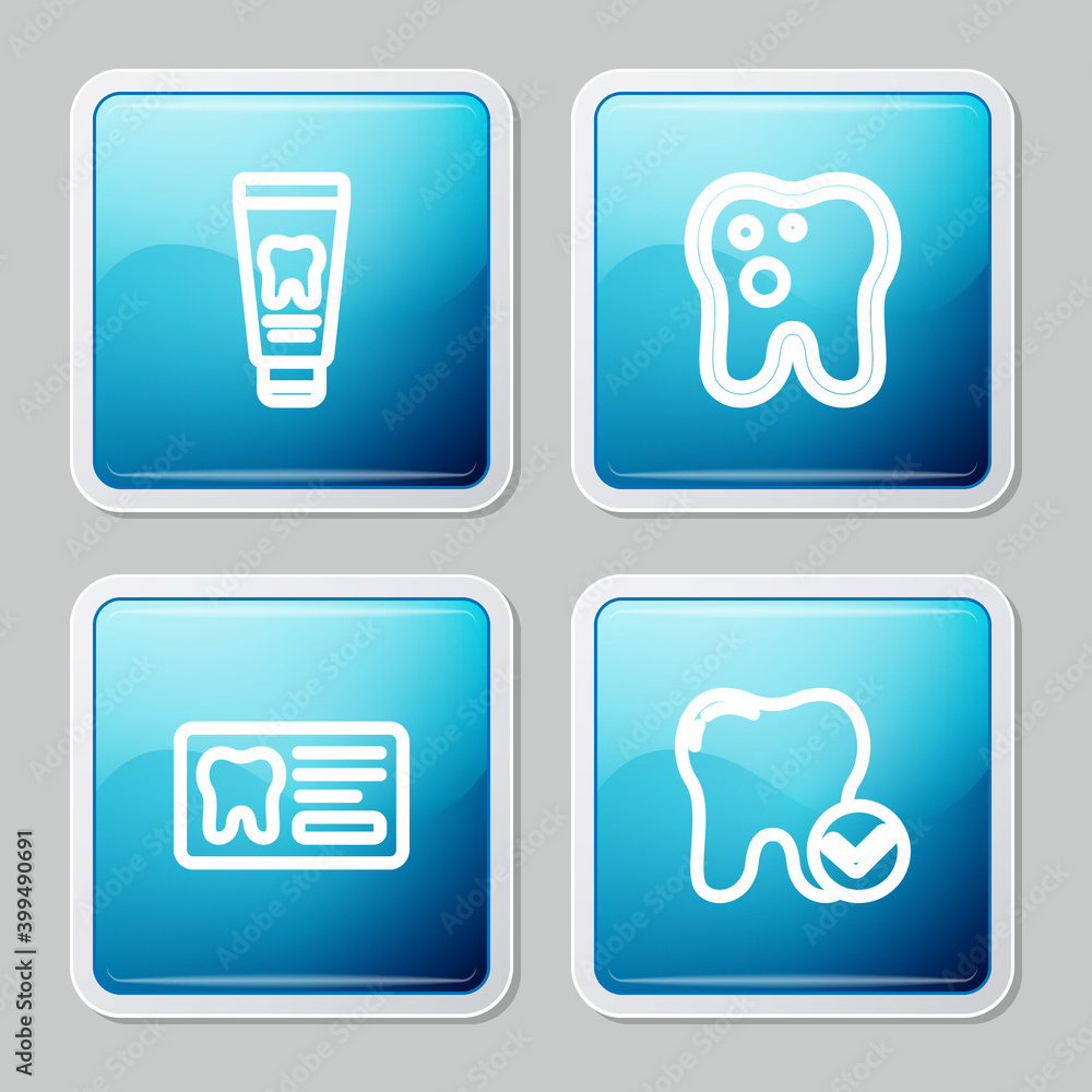 Set line Tube of toothpaste, Tooth with caries, Dental card and whitening concept icon. Vector. Set line Tube of toothpaste, Tooth with caries, Dental card and whitening concept icon. Vector.
