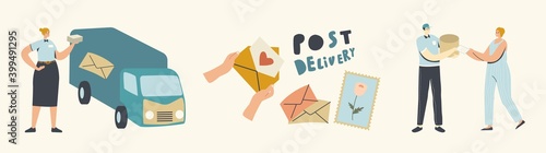 Post Delivery Service. Couriers or Postman Characters Bringing Parcels to Customers on Truck. Surprise, Congratulation