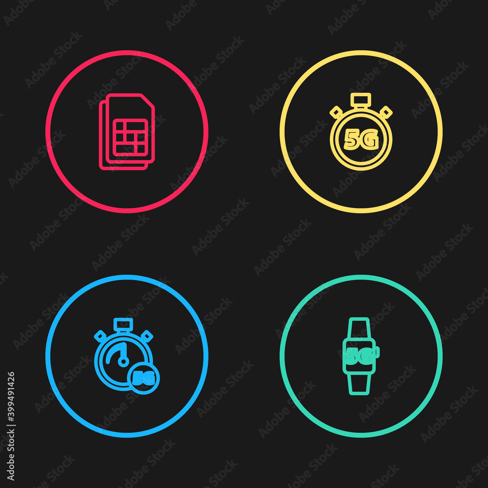 Set line Digital speed meter 5G, Smart watch network, and Sim card icon. Vector. Set line Digital speed meter 5G, Smart watch network, and Sim card icon. Vector.