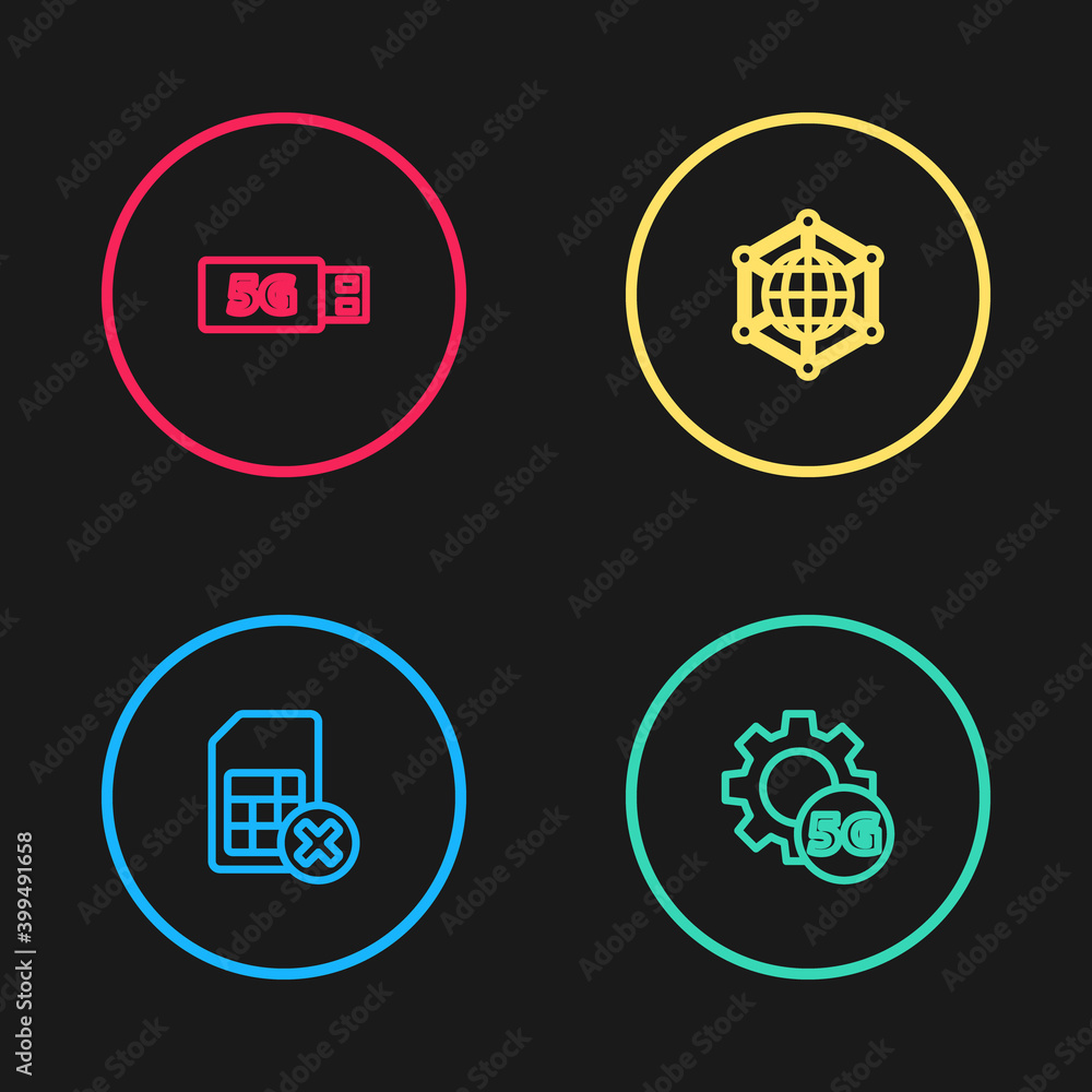 Set line Sim card rejected, Setting 5G network, Social and modem icon. Vector. Set line Sim card rejected, Setting 5G network, Social and modem icon. Vector.
