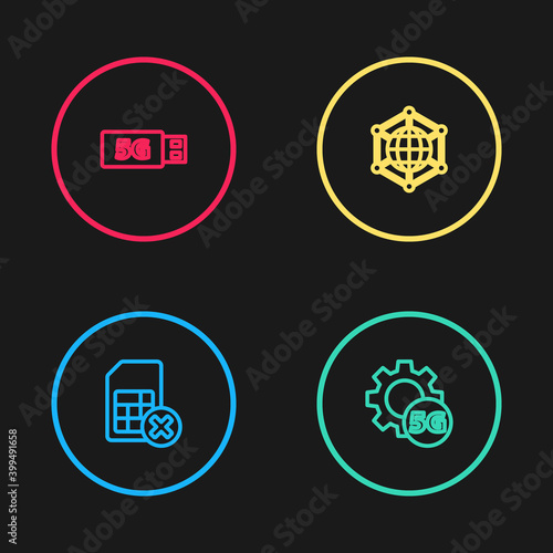 Set line Sim card rejected, Setting 5G network, Social and modem icon. Vector.