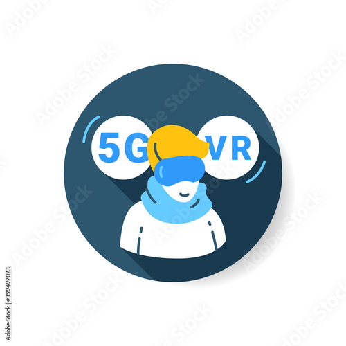 5g vr flat icon. Virtual reality technology development with 5th generation internet concept. Man wearing vr glasses. Web communication and digital devices sign.Color vector illustration with shadow 
