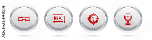 Set line 3D cinema glasses, 8k Ultra HD, Old film movie countdown frame and Microphone. Silver circle button. Vector.