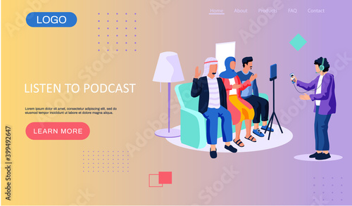 Students learning through podcasts and webinars. Education and internet technology web page template with master standing in headphones speaking into the microphone to arab people looking at tablet