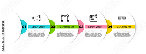 Set line Megaphone, Rope barrier, Movie clapper and 3D cinema glasses. Business infographic template. Vector.
