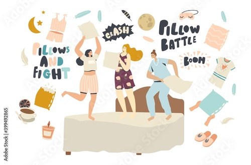Home Party, Girls Fooling Fun, Teen Characters Jump on Bed Dancing and Fight on Pillows on Couch in Room. Leisure, Relax