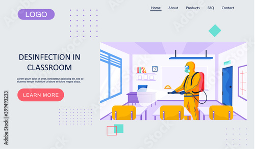 Desinfection in class room landing page template with a man worker of the sanitary service. Person in yellow protective suit disinfects the educational room or office with a spray gun. Virus pandemic