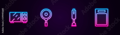 Set line Microwave oven, Frying pan, Blender and Cutting board. Glowing neon icon. Vector.