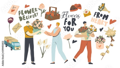 Flowers Delivery Service. Couriers Characters Bringing Beautiful Bouquets to Customers. Pleasant Surprise Congratulation