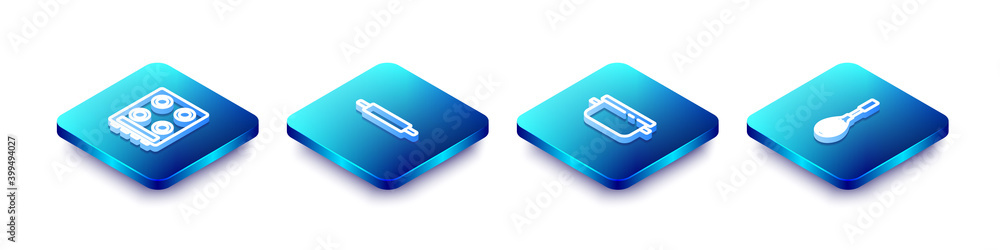 Set Isometric line Gas stove, Rolling pin, Cooking pot and Kitchen whisk icon. Vector. Set Isometric line Gas stove, Rolling pin, Cooking pot and Kitchen whisk icon. Vector.
