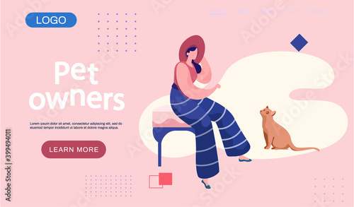 Pet owners landing page template. Happy woman in hat talking to a cat. Female is having leisure spend time with domestic animal cute ginger kitty. Girl is walking with kitten, animal care concept