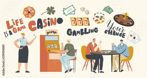 Characters Playing Gambling Games in Casino, Win Jackpot Money Prize on Slot Machine and Poker Table. Gambler Addiction