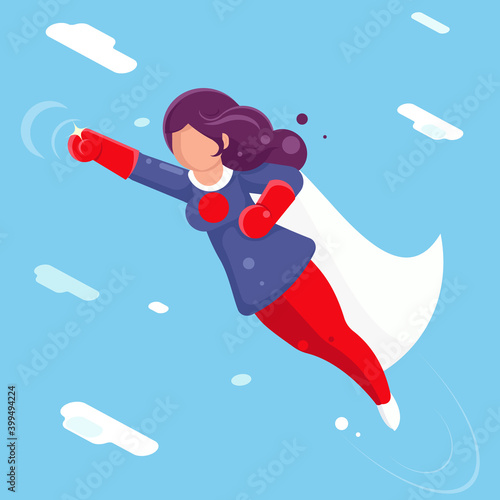 Modern super hero flying sky clowds character flat design vector illustration