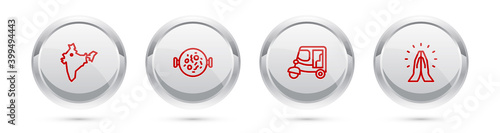 Set line India map, Chicken tikka masala, Taxi tuk tuk and Hands in praying position. Silver circle button. Vector.