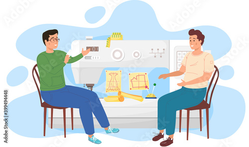 Tailoring fashionable clothes. Guys work with big sewing machine. Designers are planning future garment. Men communicates while working. Pattern of dress on the background. Young people at the atelier