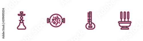 Set line Hookah, Sitar, Chicken tikka masala and Incense sticks icon. Vector.