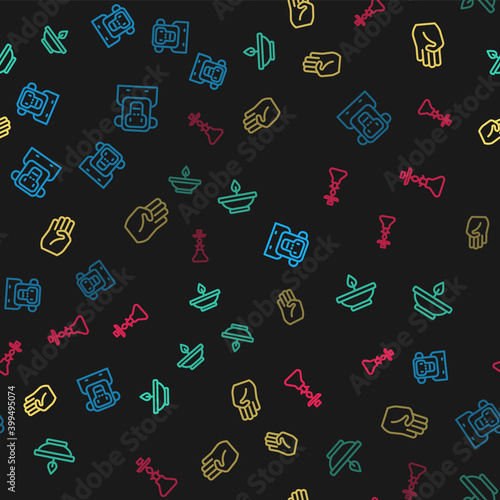 Set line Monkey, Aroma lamp, Indian symbol hand and Hookah on seamless pattern. Vector.
