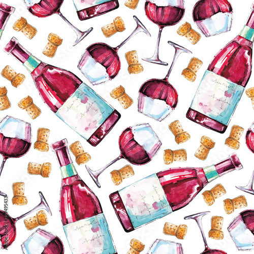 Watercolor pattern with a bottle of red wine on a white background