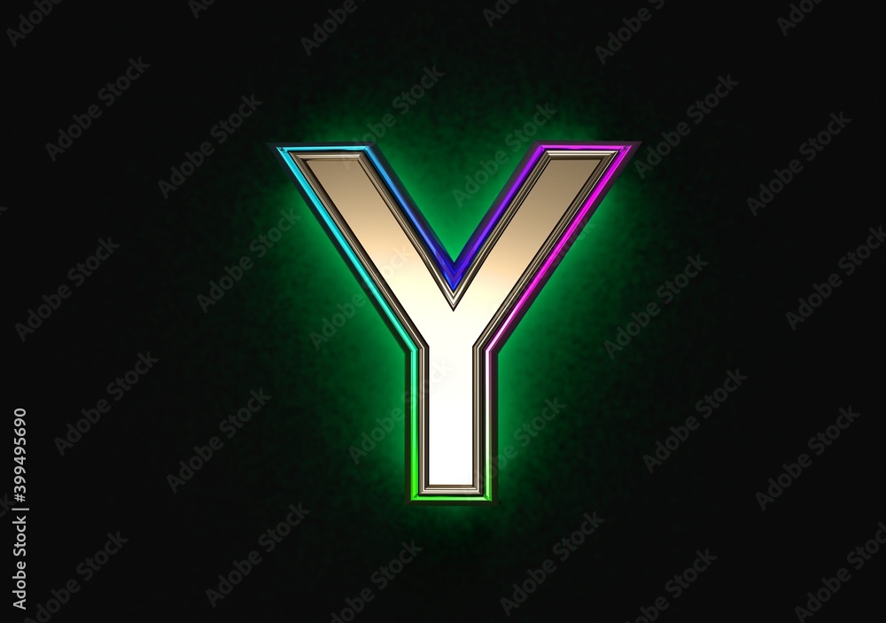 Grey metalline with colorful dichroic glass outline and green backlight font - letter Y isolated on dark, 3D illustration of symbols