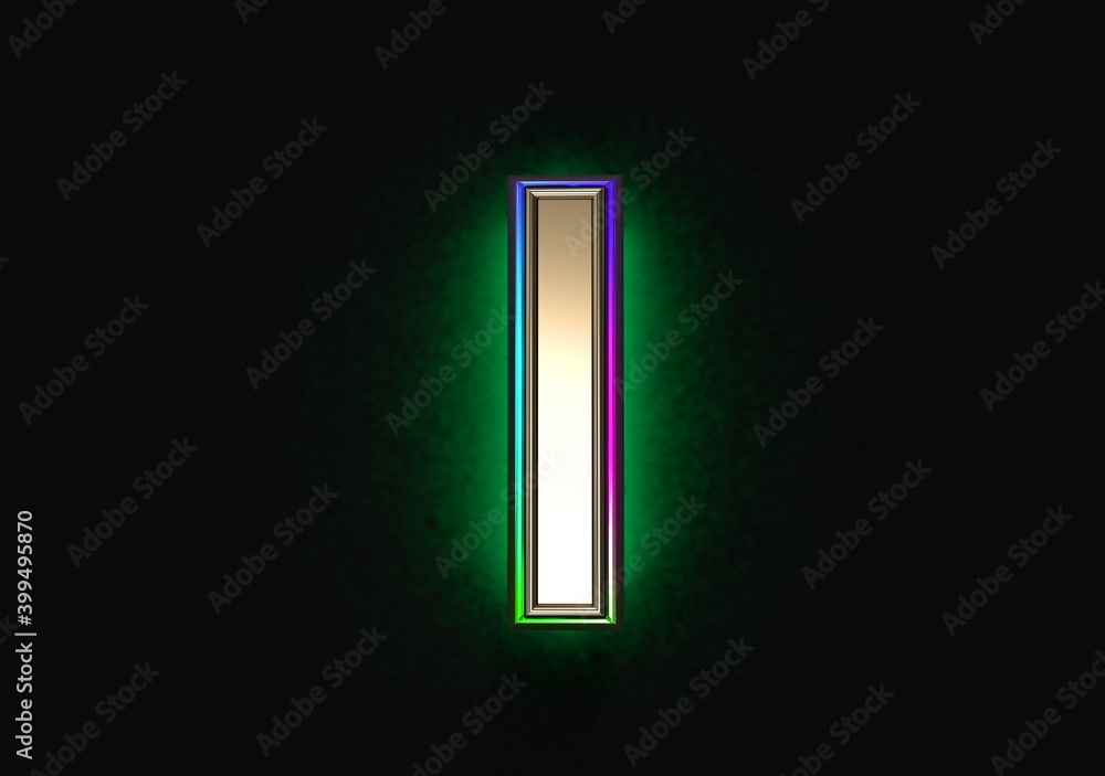 Grey metalline with colorful dichroic film outline and green backlight alphabet - letter I isolated on grey background, 3D illustration of symbols Grey metalline with colorful dichroic film outline and green backlight alphabet - letter I isolated on grey background, 3D illustration of symbols
