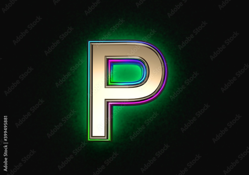 Grey metal with colorful dichroic glass outline and green backlight alphabet - letter P isolated on dark, 3D illustration of symbols Grey metal with colorful dichroic glass outline and green backlight alphabet - letter P isolated on dark, 3D illustration of symbols