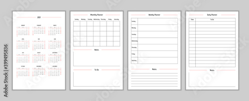 2021 calendar and daily weekly monthly personal planner diary template in classic strict style. Monthly calendar individual schedule minimalism restrained design for business notebook.