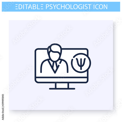 Psychologist online line icon. Remote psychiatrist session. Psychologic problems specialist. Psychotherapy. Mental health care and treatment concept. Isolated vector illustration. Editable stroke 