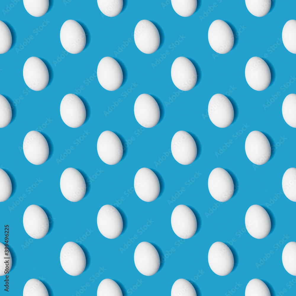 Seamless pattern with white chicken eggs on blue background. Product abstract seamless pattern.
