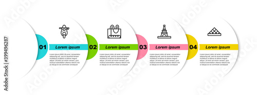 Set line Scooter, French baguette bread, Eiffel tower and Louvre museum. Business infographic template. Vector.