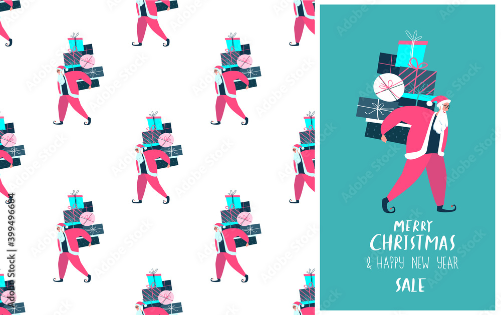 Merry Christmas and Happy Holidays.Santa Claus Holding Huge Festive Boxes of Presents.Fairy Gifts. Festive Winter Holidays. Xmas Greeting Congratulation Card. New Year Cartoon Flat Vector Illustration Merry Christmas and Happy Holidays.Santa Claus Holding Huge Festive Boxes of Presents.Fairy Gifts. Festive Winter Holidays. Xmas Greeting Congratulation Card. New Year Cartoon Flat Vector Illustration
