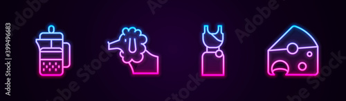 Set line French press, Poodle dog, Woman dress and Cheese. Glowing neon icon. Vector.
