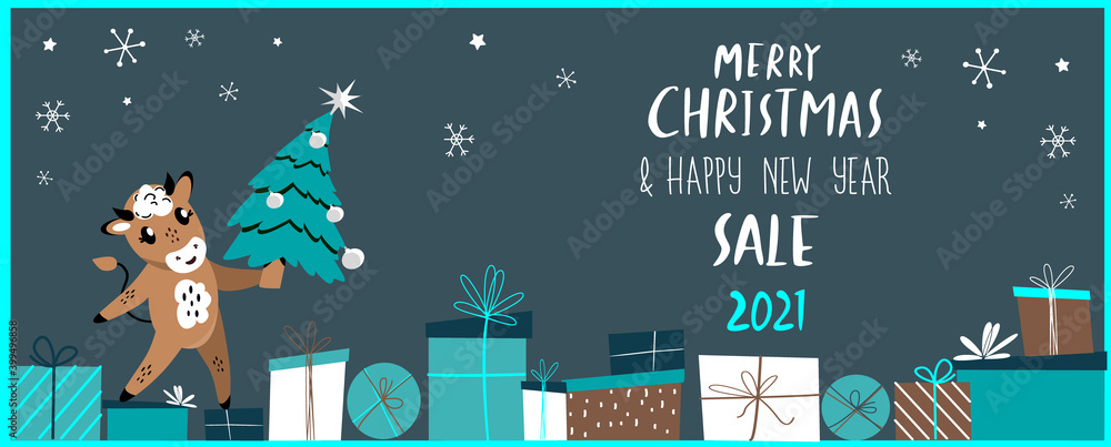 Happy New Year Advertising Banner.Christmas Shopping,Festive Purchases.Cute Cartoon Ox,Bull with Christmas Tree and Boxes of Gifts.Festive Holiday Poster, Card, Website.Advertising.Vector illustration