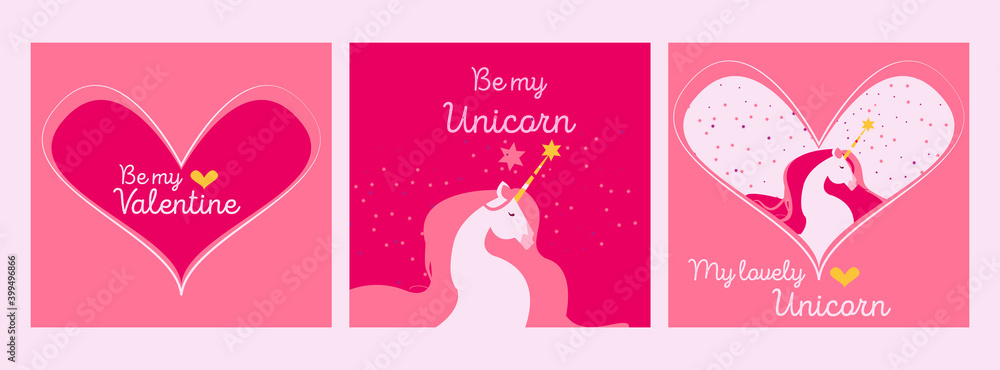 Be my unicorn card design. Valentine's day set. Pink hearts and romantic background. Illustrations for social media post, flyers, greeting cards and web page collecton