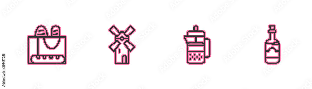 Set line French baguette bread, press, Windmill and Bottles of wine icon. Vector. Set line French baguette bread, press, Windmill and Bottles of wine icon. Vector.