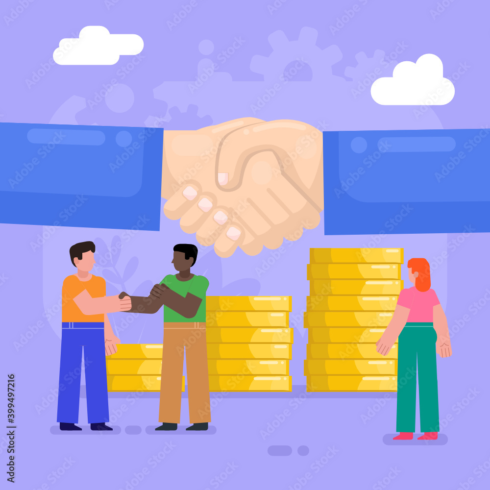 Investor, business agreement concept. Group of people stand near big hands handshake. Modern vector illustration Investor, business agreement concept. Group of people stand near big hands handshake. Modern vector illustration