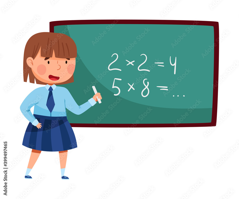 Smart Schoolgirl in Blue Uniform Standing at Chalkboard and Doing Sum Up Vector Illustration Smart Schoolgirl in Blue Uniform Standing at Chalkboard and Doing Sum Up Vector Illustration