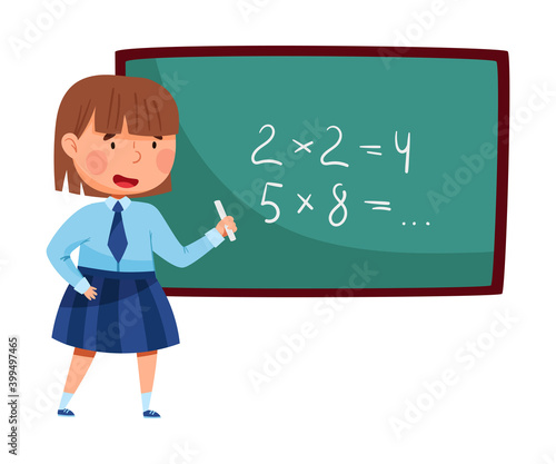 Smart Schoolgirl in Blue Uniform Standing at Chalkboard and Doing Sum Up Vector Illustration