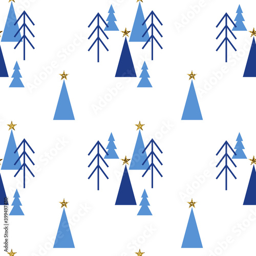 Winter scandinavian seamless pattern with simple blue christmas trees and golden stars on white background