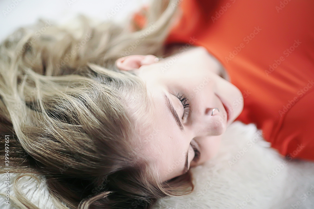 blonde long hair portrait / sexy model posing with long hair, beautiful girl in the studio