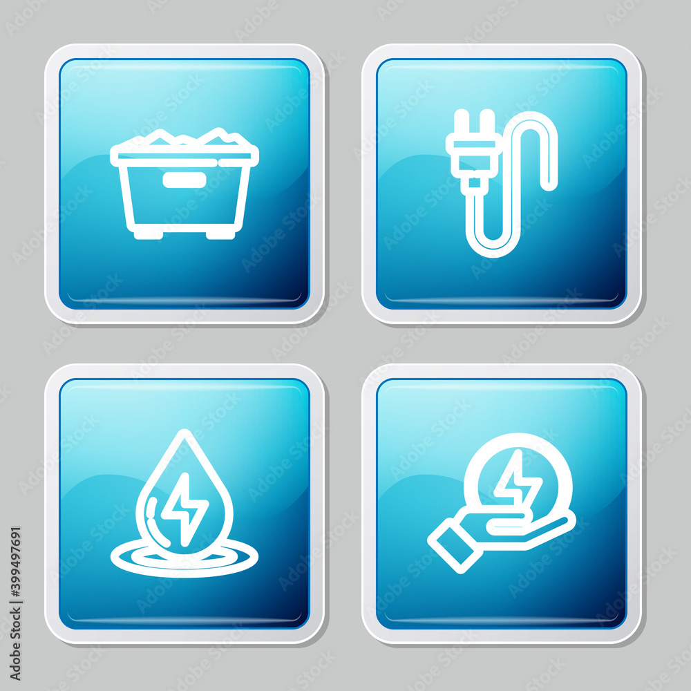 Set line Trash can, Electric plug, Water energy and Lightning bolt icon. Vector. Set line Trash can, Electric plug, Water energy and Lightning bolt icon. Vector.