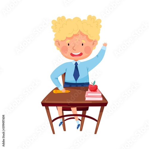 Clever Girl Sitting at Desk at School Lesson and Raising Her Hand to Answer Vector Illustration