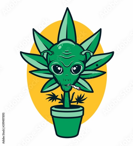 Cannabis in the Pot with Alien Face. Vector Illustration.
