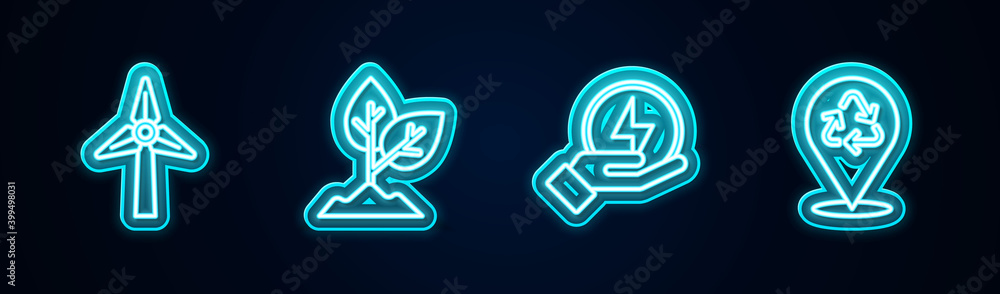 Set line Wind turbine, Plant, Lightning bolt and Recycle. Glowing neon icon. Vector. Set line Wind turbine, Plant, Lightning bolt and Recycle. Glowing neon icon. Vector.