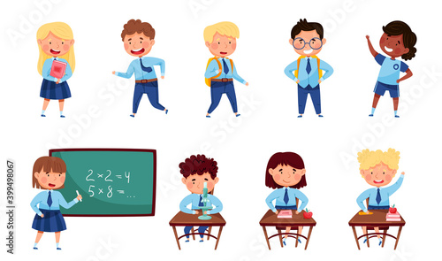 Children Attending Primary School Walking with Backpack and Sitting at Desk Vector Set