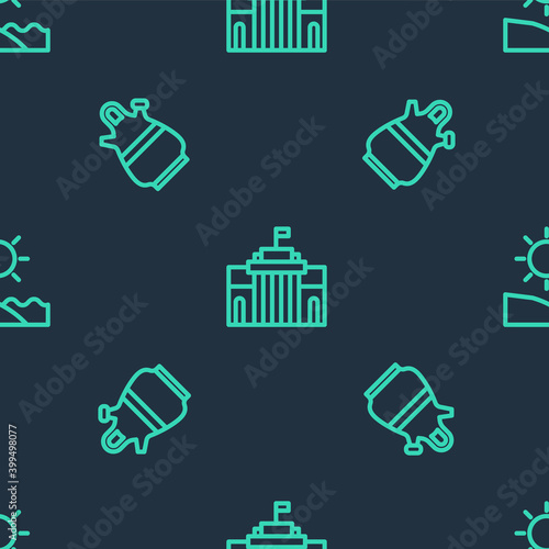 Set line Prado museum, Sangria pitcher and Beach on seamless pattern. Vector.