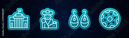 Set line Prado museum, Bullfight, matador, Earrings and Football ball. Glowing neon icon. Vector.