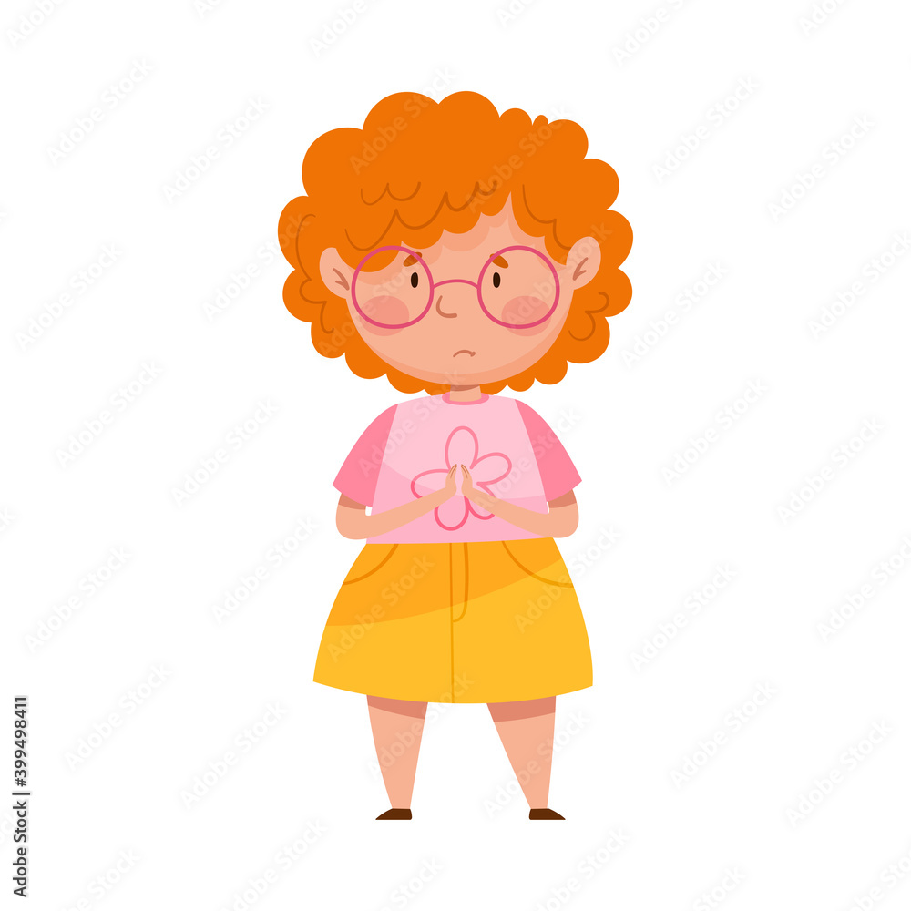 Embarrassed Girl Putting Her Hands Together Feeling Sorry and Expressing Regret Vector Illustration Embarrassed Girl Putting Her Hands Together Feeling Sorry and Expressing Regret Vector Illustration