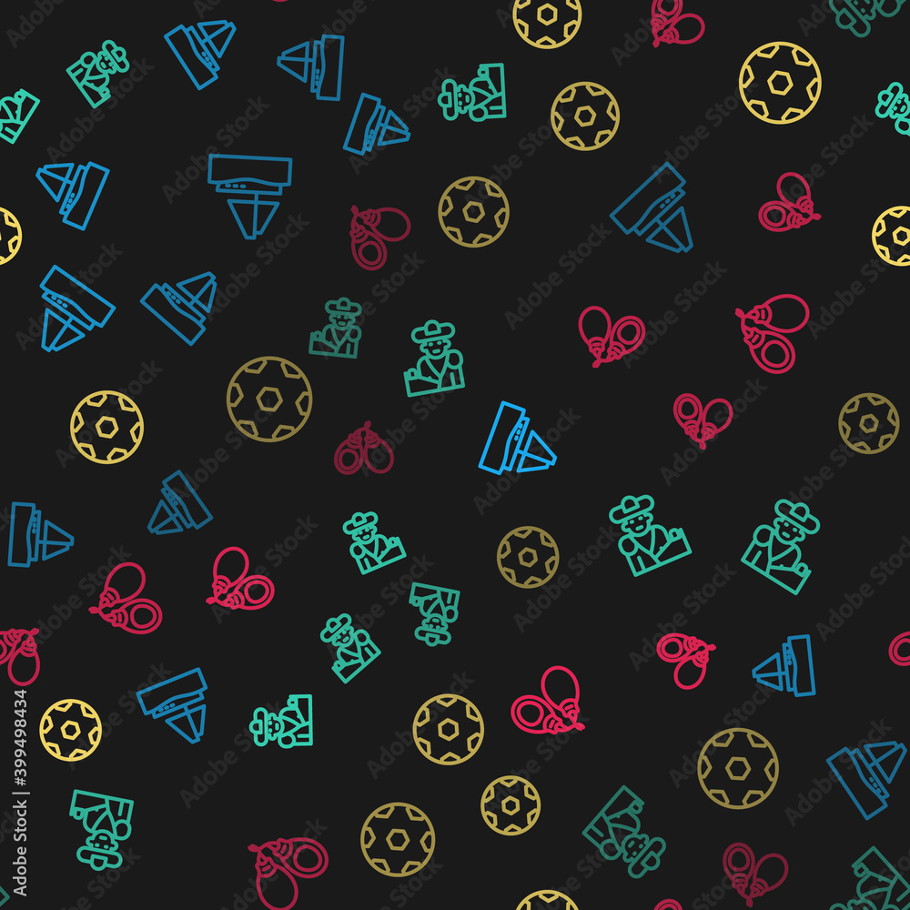 Set line Yacht sailboat, Bullfight, matador, Football ball and Castanets on seamless pattern. Vector. Set line Yacht sailboat, Bullfight, matador, Football ball and Castanets on seamless pattern. Vector.