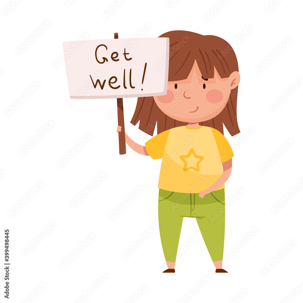 Smiling Girl Holding Placard with Get Well Wish Written on It Vector Illustration Smiling Girl Holding Placard with Get Well Wish Written on It Vector Illustration