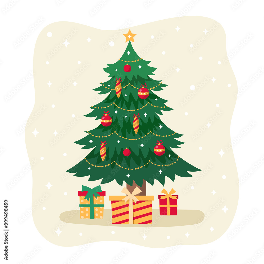 Christmas tree with gift boxes. Christmas card. Vector